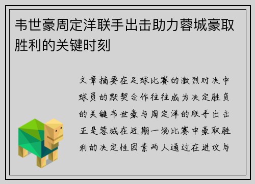 韦世豪周定洋联手出击助力蓉城豪取胜利的关键时刻